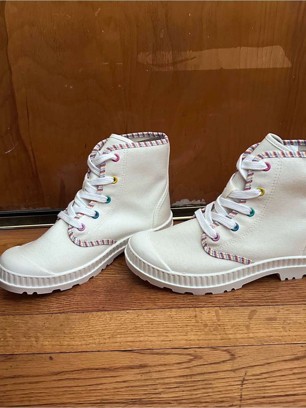 White Canvas High-Top Boots with Rainbow Trim NWT
